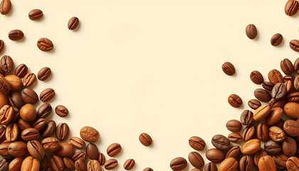 Scattered Roasted Coffee Beans on Creamy Beige Background, Realistic Texture Ideal for Coffee Shop Branding, Menu Designs, Food Packaging, and Beverage Industry Graphics