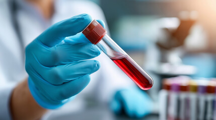 Faceless healthcare professional gloved hand holding blood sample test tube for medical analysis, defocused clinical specimen, diagnostic testing material, laboratory examination p