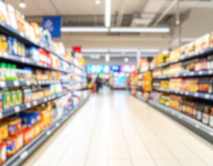 Blurred grocery aisle, stocked shelves, bright lighting