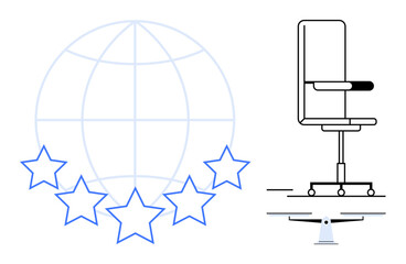 Customer satisfaction, business quality, workplace standards, professional excellence, service rating, corporate evaluation. Globe with five stars and office chair on a balance. Customer satisfaction