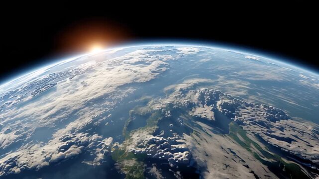 Stunning view of earth from space with sunrise over horizon and cloud formations