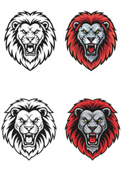 Obraz premium Four lion head logos with different color schemes on a white background, showcasing various design styles.