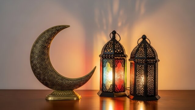 Decorative crescent moon and two Arabic lanterns on a wooden table. Ramadan Kareem decoration for Eid al-Fitr or Islamic holiday celebration. - Powered by Adobe