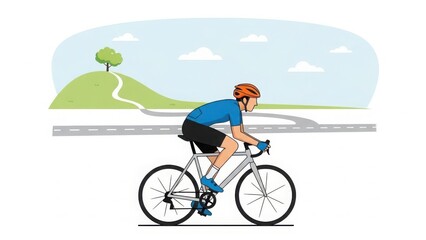 Naklejka premium Cyclist riding a bicycle on a scenic road with rolling hills