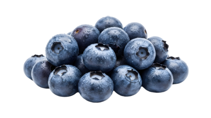 Freshly washed ripe blueberries piled high with glistening water droplets on a stark for maximum impact