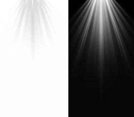White volumetric light beams with floating dust particles isolated on black background. Vertical spotlight or sun rays overlay effect, ideal for PNG element.