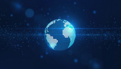 Obraz premium Digital Globe Composed of Glowing Blue Pixels and Circuits on a Dark Navy Background with Subtle Particles and Light Streaks