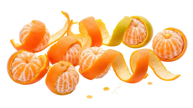 Several peeled mandarin oranges with long curling zest pieces floating against a stark for food design