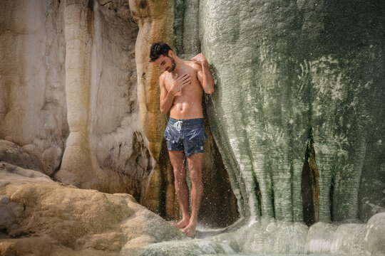 couple relaxing in natural hot springs