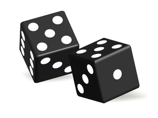 Realistic 3D Black Dice Pair with White Dots &ndash; Rolling Dice for Casino Games, Gambling, Betting, Luck, Chance, Probability, and Random Game Elements &ndash; Vector Illustration