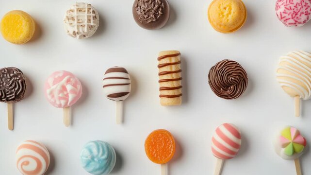 A delightful assortment of candy popcorn balls coated in chocolate and decorated with edible flowers and sprinkles on a white surface.