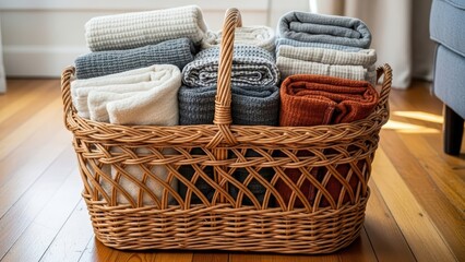 Obraz premium Woven basket filled with rolled blankets on wooden floor