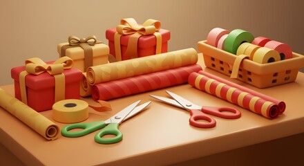 Festive Gift Wrapping Supplies: Presents, Colorful Paper Rolls, Scissors & Ribbons