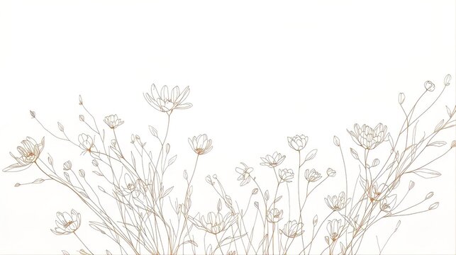 Cloud Dancer 2026 elegant minimalist botanical border with delicate gold line art flowers and stems on white background. Perfect for wedding invitations, luxury branding, botanical design templates.