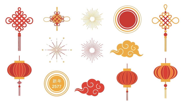 Chinese New Year Decorative Elements Lanterns, Knots & Clouds