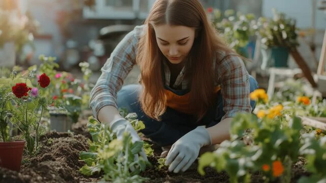 Woman working on garden with a focused look on her face