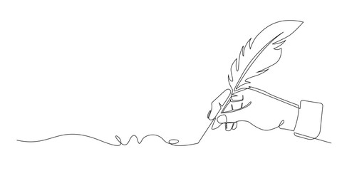 Continuous line drawing of a hand writing with a feather quill symbolizing creativity expression and classic literature. Single line illustration suitable for writing art education and vintage themes.