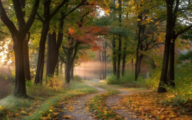 Obraz premium A tranquil forest path in late autumn for Thanksgiving mood Misty Autumn Forest Path