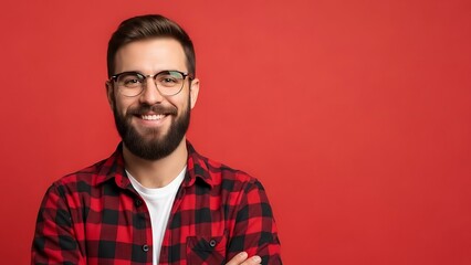 Obraz premium Smiling man with beard and glasses in red flannel shirt.