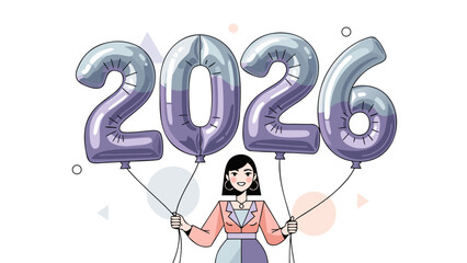 Vector Elegant Woman Holding 2026 Balloons