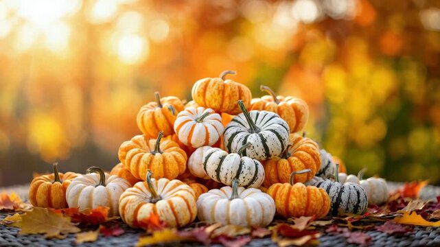 Close Up View Of A Large Pile Of Miniature Pumpkins And Gourds In Various Orange And White Patterns Resting On Fallen Autumn Leaves With A Blurred Golden Forest Background