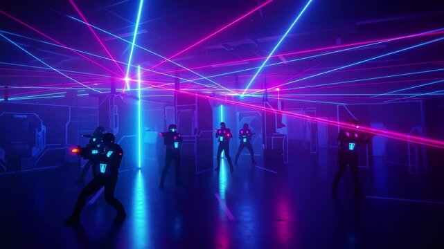 Dynamic laser tag players in neon-lit arena, vibrant action and futuristic fun for all ages 4k high quality footage