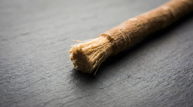 Miswak stick lies on desk. Traditional natural toothbrush made from a Salvadora persica tree branch. Oral hygiene, natural healthcare, and traditional dentistry.