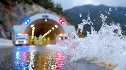 Emergency response at tunnel flooded by runoff after heavy storm with blocked entrance