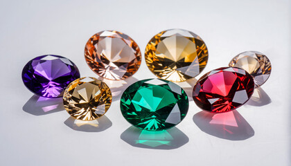 Fototapeta premium Collection of colorful gemstones reflecting light on a white background