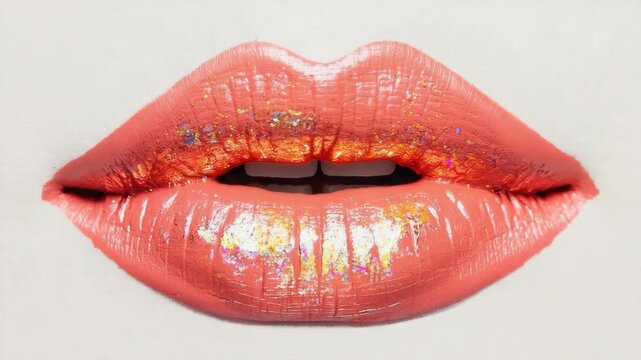 Close-up of lips wearing a glossy red lipgloss with gold glitter particles, isolated on white background for use in beauty or cosmetics products