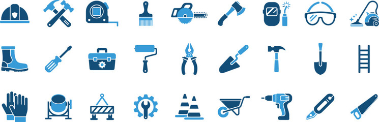 Construction and diy work tools, building equipment, and essential safety gear icon collection set for repair