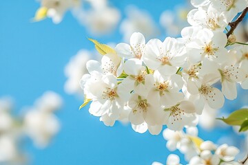 White flowers in the sky, blue background, clear sky, springtime, trees with blossoms