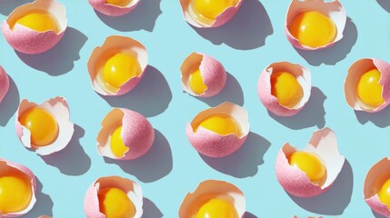 Broken pastel pink eggs on a light blue surface - food still life design.