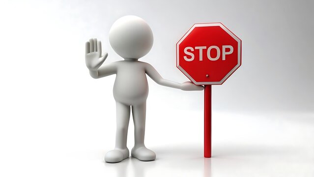 A 3D character illustration of a small person holding a red stop sign concept for business safety or traffic no road sale idea