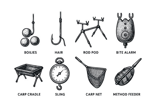 Hand-drawn set of carp fishing equipment, showcasing boilies, rod pods, carp cradles, and other angling essentials in a vintage sketch style on a white background &mdash; stock vector.