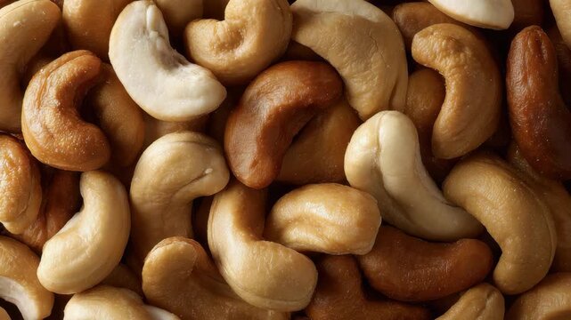 Macro Top Down View Of Roasted Salted Cashew Nuts Background Texture Showing Various Shades Of Golden Brown And Cream Beige With Detailed Curved Shapes And Oily Sheen