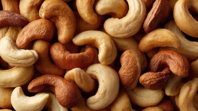 Close up top view tracking shot of a pile of roasted and raw cashew nuts with varying shades of golden brown and cream textures filling the entire frame in high detail macro