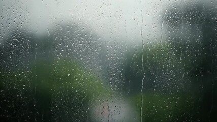 Raindrops on window, blurred trees background
