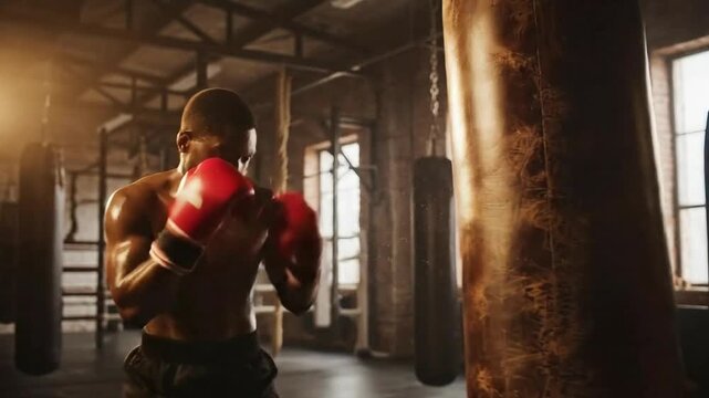 Intense focus as a determined boxer trains hard hitting a heavy leather punching bag in a gritty gym setting