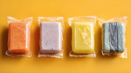 Four colorful vacuumsealed food blocks arranged in a row against a vibrant yellow background for product display