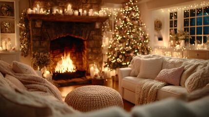 Obraz premium Cozy Christmas Living Room Interior with Lit Fireplace, Decorated Tree, and Warm Lighting