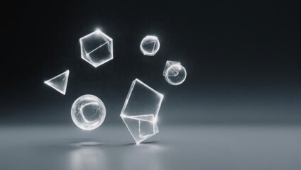 Abstract futuristic background with levitating neon geometric shapes.