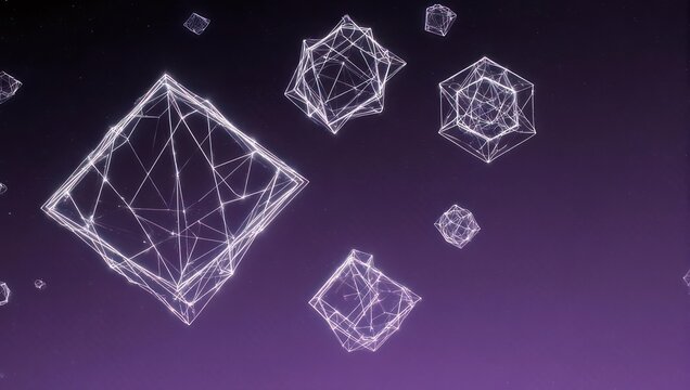 Abstract glowing geometric wireframe shapes floating in purple space. - Powered by Adobe