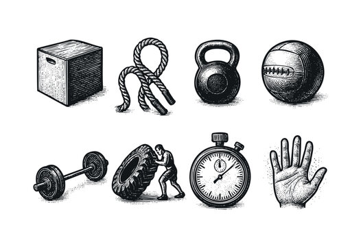 A collection of hand-drawn vintage fitness and workout equipment icons, featuring a kettlebell, barbell, rope, and tire flip, in an engraved style &mdash; stock vector.
