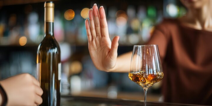 Womans Hand Refuses Wine, Bar Scene, Alcohol Abstinence