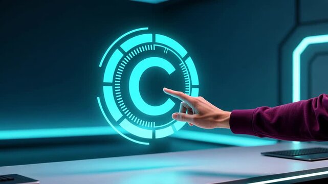 Hand touching bright circular tech copyright icon in blue workspace for digital copyright, patent protection