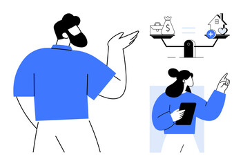 Financial decision-making. scales balancing money, investments, and priorities. Financial planning, personal budgeting, and smart investments. For use in finance, education analysis