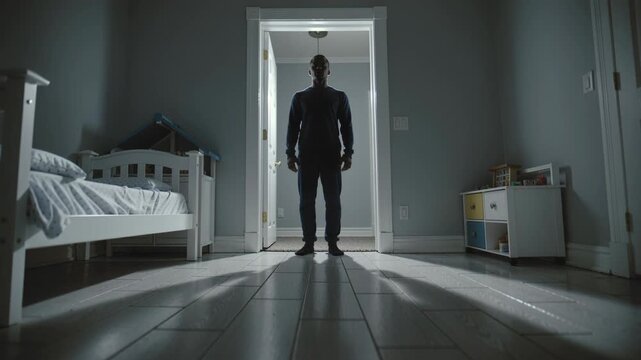 Man standing in dark bedroom doorway with light from behind, creating shadows on the floor near a child bed and colorful cabinet.