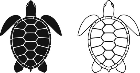 Two sea turtles top view black and white illustration