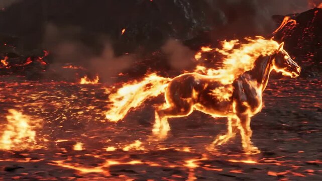 Fierce fiery horse emerging from volcanic lava landscape in a dynamic and